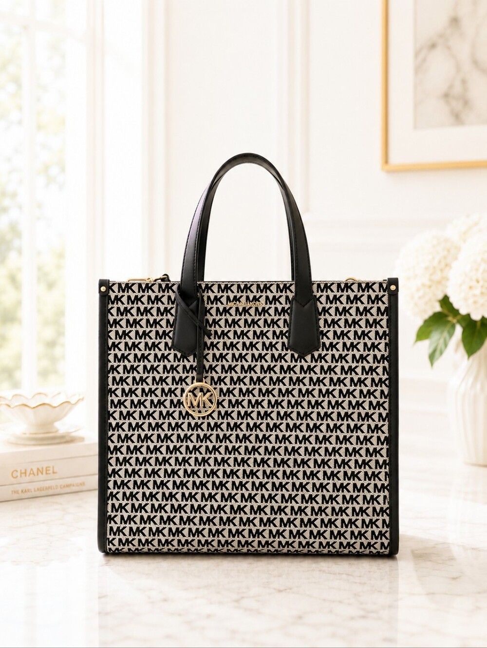 Michael Kors Black & Beige MK Monogram Tote with Logo Strap - Picture 3 of 8